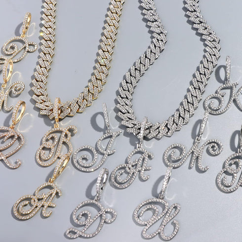 Gold Silver Plated Initial Cuban Link Chain Necklace for Women Cursive Letter Gold Miami cuban link chain Iced out chain with pendant for women (S...