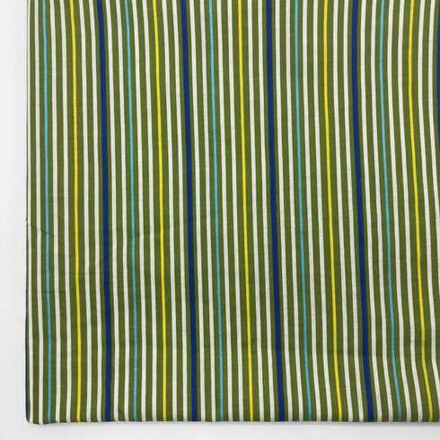 Printed Green-White-Navy-Yellow Striped Fabric Cotton Poplin 63inch 2 Yards Width for Sewing Apparels and DIY Home Craft Decors...