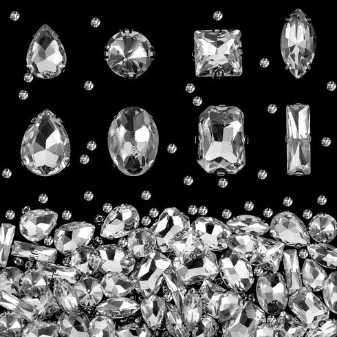 Dilunave 240 Pieces Large Sew on Rhinestones Clear Glass Crystal Gems Diamond Stone Metal Back Prong Setting Crafts Mix Shapes Claw for Jewelry, C...
