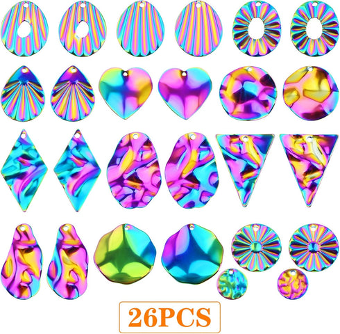 26 Pieces Geometric Shape Earring Blanks Charms Stainless Steel Rainbow Color Blank Pendants Stamping Dangles for DIY Necklace Crafts Jewelry Maki...