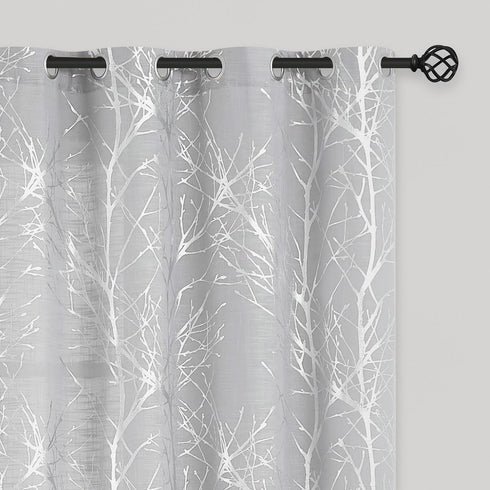 FMFUNCTEX Linen Semi Sheer Curtains for Bedroom and Living Room - Silver Foil 63 Inches Long, Metallic Print Grey Tree Panel for Windows, Light Fi...