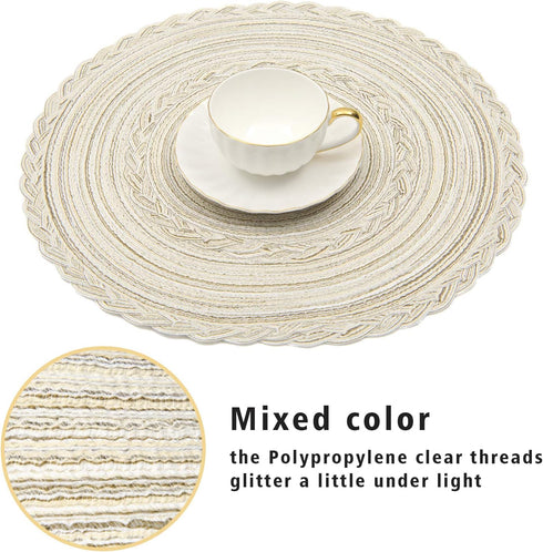 SHACOS Round Placemats Set of 6 Boho Braided Bordered Placemats 15 inch for Dining Tables Wedding Holiday Party (Ivory Bordered, 6)...