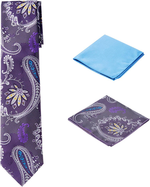 Men's Woven Paisley Regular Length Neck Tie with 2 Handkerchief Pocket Squares Hanky Set - Purple Blue...