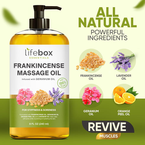 Frankincense Massage Oil – 100% Pure & Natural - Massage Therapy Oil for Soreness & Stiffness – Stretch Marks and Scars Body Oil Infused with Fran...