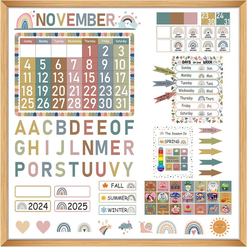 Augisteen 126 Pcs Boho Rainbow Calendar Bulletin Board Set with Seasons Festival Weather and Days of The Week Boho Classroom Calendar Cutouts Deco...