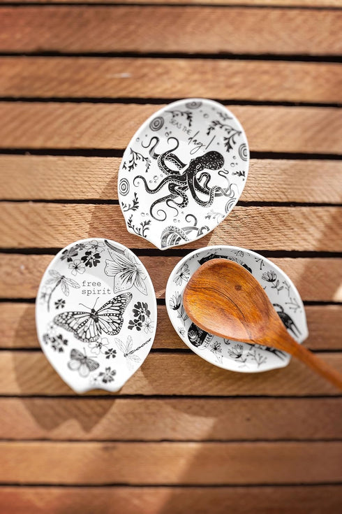 Karma, Boho Spoon Rest, Black and White Ceramic Spoon Rest, Ceramic Spoon Rest for Countertop, Cat...