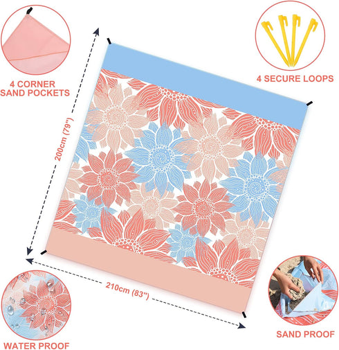Beach Blanket Sandproof Extra Large Beach Mat Adults Waterproof Quick Drying Sand Free Mat Made by Premium Polyester with 4 Stakes & 4 Corner Pock...