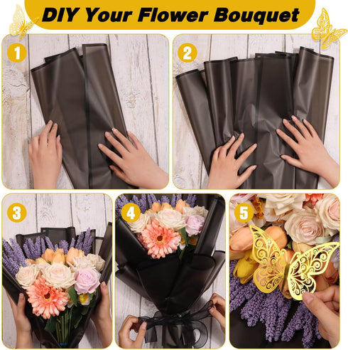 ROADPLUM 20 Sheet Black Flower Wrapping Paper, Bouquet Wrapping Paper with 12 Butterflies and 1 Ribbon for Diy Bouquet, Flower Paper Wrap Kit for ...