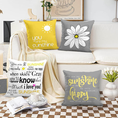 Emvency Set of 4 Throw Pillow Covers You are My Sunshine Yellow Gray with Words Decorative Pillow Cases Home Decor Square 18x18 Inches Pillowcases...