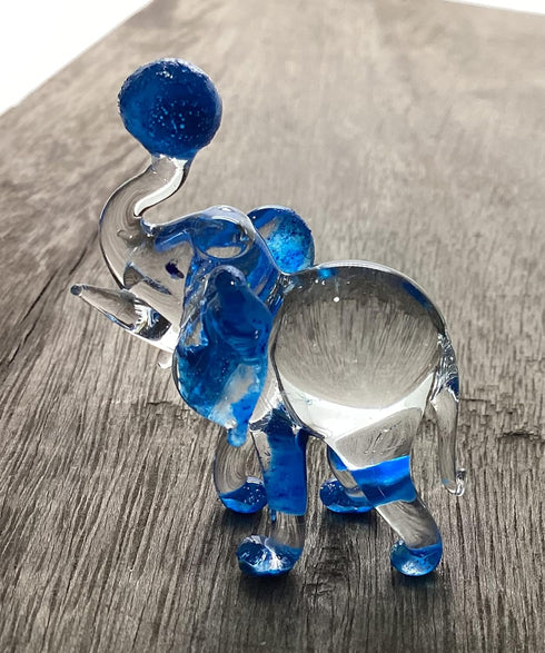 Garden Deco Glow in The Dark Blue Elephant Play Football Hand Blown Art Glass Figurine Ornament Sculpture...
