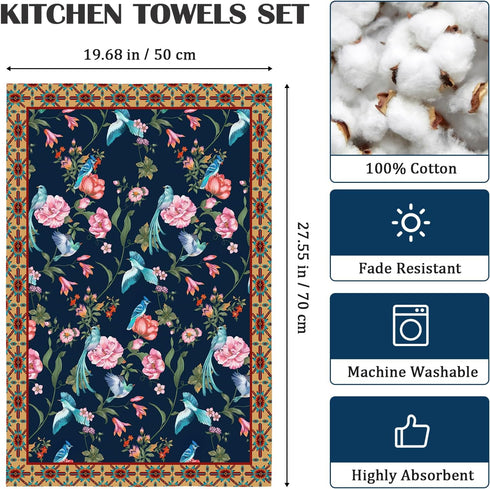Retro Bird Flowers Tea Towels, 100% Cotton Kitchen Towel Set 20×27.5inch, Multi-Purpose Quick Dry Dish Towels Dishcloths Hand Towels Bar Towels(Se...
