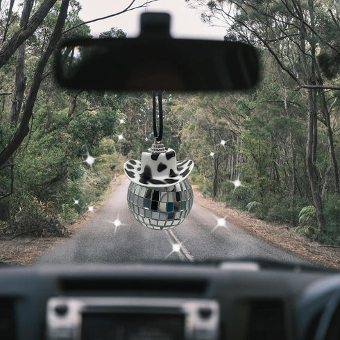 Black Cow Print Car Accessories, Car Disco Ball, Disco Ball Car Mirror Ornament, Car Mirror Hanging Accessories, Cowboy Hat Car Charm, Disco Ball ...