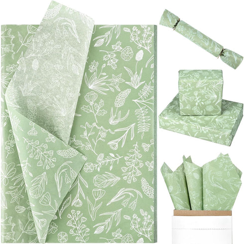 100 Sheets Sage Green Wildflowers Tissue Paper Green White Floral Printed Tissue Paper Botanical Decorative Tissue Paper for Green Boho Themed Bab...