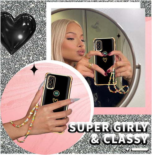 Petitian for Motorola Moto G Pure 2021 Case for Women Girls, Heart Shaped Classy Girly Cute Aesthetic (3 in 1) Love Hearts Pattern Gold Plated Edg...