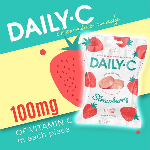 Chewable Vitamin C Strawberry Chewable Candy | 100MG of Vitamin C in Each Piece | Brought to You by Iconic Candy (Strawberry, 5.3oz Peg Bag)...