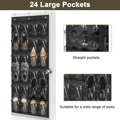Over The Door Shoe Organizer - Space Saving Shoe Rack for Closet Door with 24 Pockets and Hook, Shoe Holder Back of Door Organizers for Shoes, Han...
