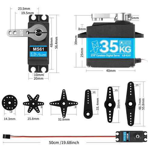 Miuzei 35kg High Torque RC Servo, Coreless Servo Motor Metal Gear Digital Waterproof Steering Servo for Arduino 1/8 1/10 RC Car Robotic DIY 270 De...
