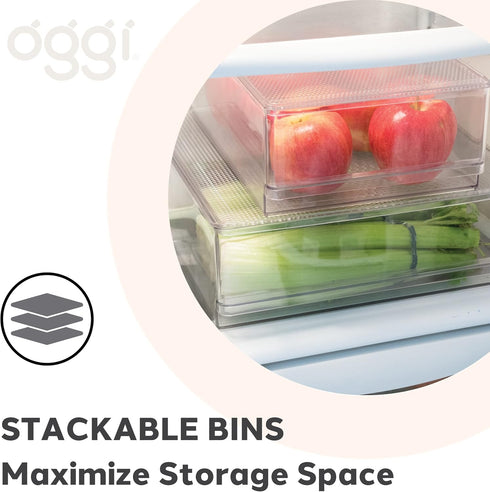 Oggi Clear Stackable Storage Bin with Lid - Ideal for Kitchen, Pantry, Cabinet, Bathroom, Bedroom, Kids, Refrigerator, Freezer. With Handles - Org...