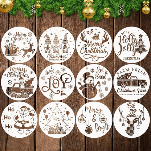 12 Pcs Christmas Stencils, 12'' Round Large Christmas Stencils for Painting on Wood Sign Front Door Hanger Xmas Home Decor...