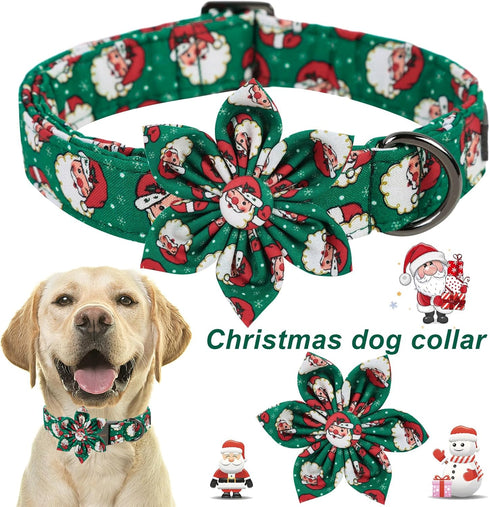 ARING PET Christmas Dog Collar-Green Santa Claus Dog Collar with Flower, Adjustable Cotton Christmas Pet Collars Girl Puppy Collars...