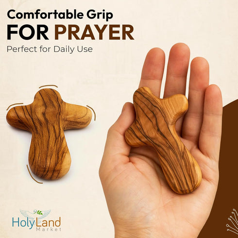 10 Olive Wood Holding Hand Crosses with Gift Bags (With Red or Black Velvet Bag ) From Bethlehem...