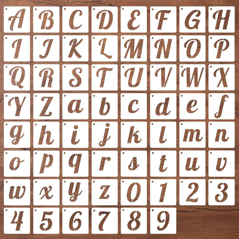 2 Inch Letter Stencils for Painting on Wood, 62 Pcs Calligraphy Alphabet Numbers Stencils for Crafts, Reusable Cursive Lettering Stencil Drawing T...