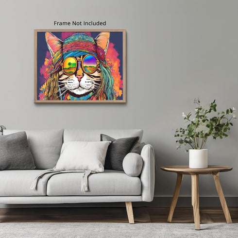 Posterizer 1 pcs- psychedelic funky hippie colorful cat 1-Abstract & Modern Art-Fantasy & Fiction Art- Living Room Bedroom Decor- unframed wall ar...