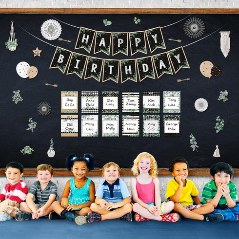 48 Pcs Classroom Happy Birthday Bulletin Board Sets Decorations, Eucalyptus Greenery Plant Birthday Classroom Decor, Nature Birthday Chart Poster ...