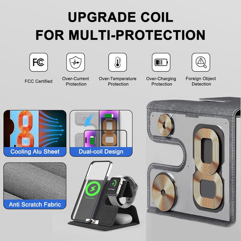 3 in 1 Wireless Charging Station for Multiple Devices, Foldable Travel Wireless Charger for iPhone 15 14 13 12 11 Pro Max IWatch 2-8 Series AirPod...