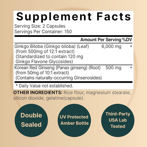 NatureBell Ginkgo Biloba 6,000mg with Panax Ginseng 500mg Per Serving | 300 Capsules – Max Strength Ginko Biloba Extract Supplements - Promotes Me...