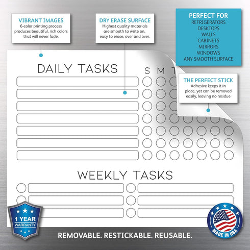 Dry Erase Whiteboard Task Planner by Glassboard Studio | Removable and Restickable Adhesive Decal | Fine-Tip Magnetic Marker Included (9 x 12 inch...