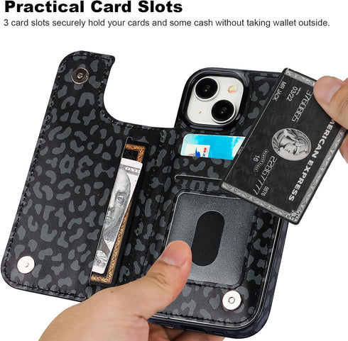 HAOPINSH for iPhone 15 Wallet Case with Card Holder, Black Leopard Cheetah Pattern Back Flip Folio PU Leather Kickstand Card Slots Case for Women ...