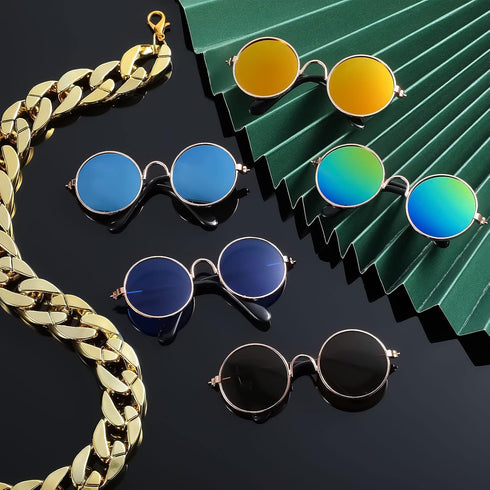 7 Pieces Dog Costume Set Include Adjustable Gold Pet Chain and Funny Cute Cat Small Dog Sunglasses Retro Pet Sunglasses for Cat Puppy Small Medium...