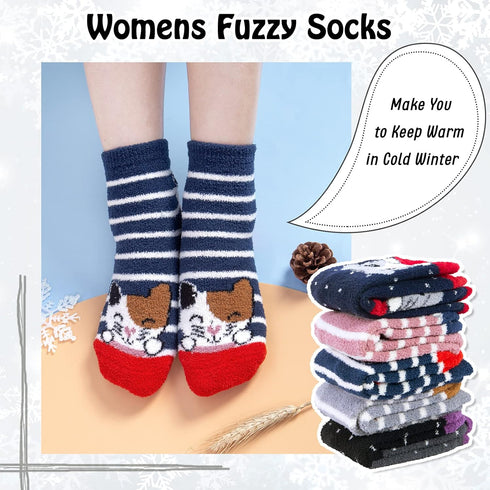 YSense Fuzzy Socks for Women 5 Pairs Warm Fluffy Winter Stocking Soft Cute Cat Animal Socks...