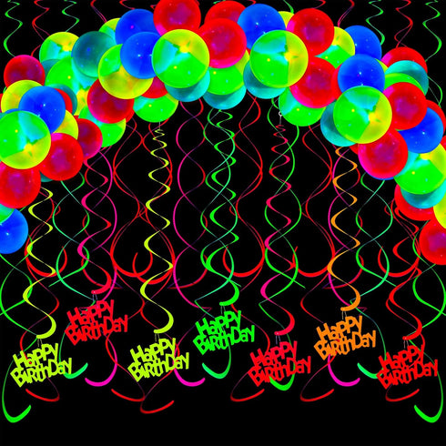 Sumind Neon Party Supplies Neon Balloons Black Light Balloons Decorations Glow in the Dark Party Supplies Streamers Hanging Swirls for Adults...