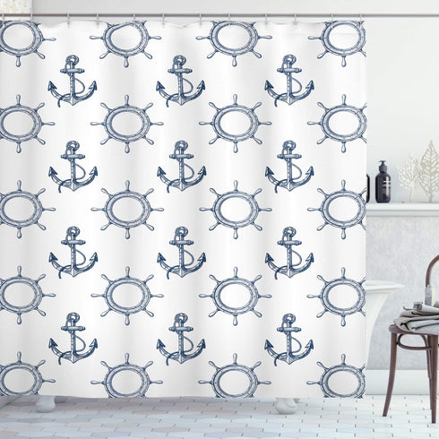 Ambesonne Ships Wheel Shower Curtain, Anchors and Steering Wheels Pattern Pirates Sailors Marine Themed Print, Cloth Fabric Bathroom Decor Set wit...