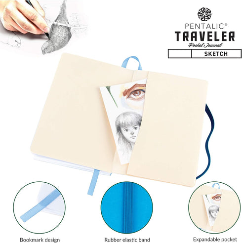 Pentalic 4" x 6" Pocket Sketchbook Traveler Journal, 160 Pages, Bright Blue...