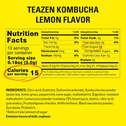 TEAZEN Lemon Kombucha Tea, Hydration Drink Mix, Sugar Free, Live Probiotics & Prebiotics, 10 Sticks, 1.76oz...