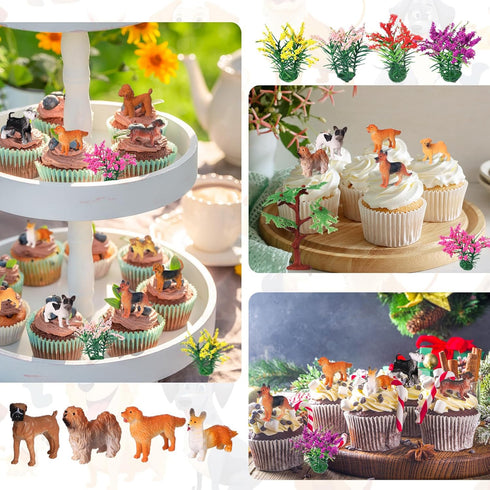 Sratte 26 Pcs Mini Dog Figurines Playset 12 Toy Dogs 9 Model Trees 5 Artificial Flowers Animal Figurines Diorama Supplies for Cake Toppers Toddler...