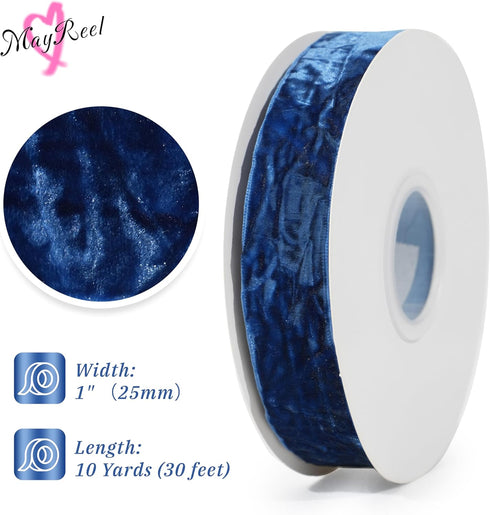 Blue Crushed Velvet Ribbon 1" x 10 Yards Navy Ribbon for Flower Bouquet Vintage Velvet Ribbon for Wedding Invitations, Crafts, Gift Wrapping, Baby...