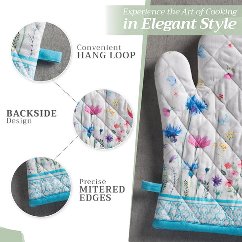 Maison d' Hermine Oven Gloves 100% Cotton Oven Mitt 7" x 13" with Loop Heat Resistant, BBQ, Cooking Gloves, Baking, Grilling, Kitchen, Handling Ho...