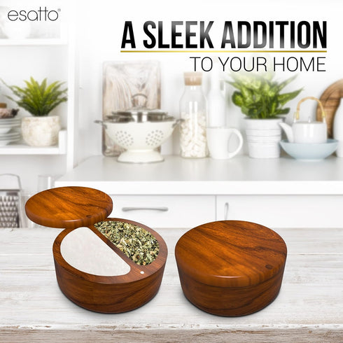 Esatto Round Acacia Wooden Salt and Spice Box, Magnetic Swivel Lid For Easy Storage or Retrieval, Salt Pepper or Spice Storage Box, With Two Worki...