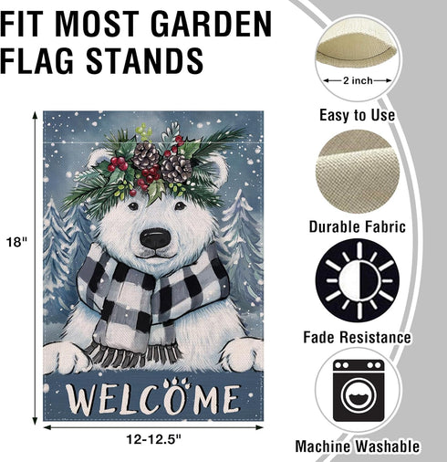 Welcome Winter Polar Bear Small Decorative Garden Flag, Buffalo Plaid Check Scarf Pine Tree Yard Lawn Outside Decor, Snowy Christmas Farmhouse Bur...