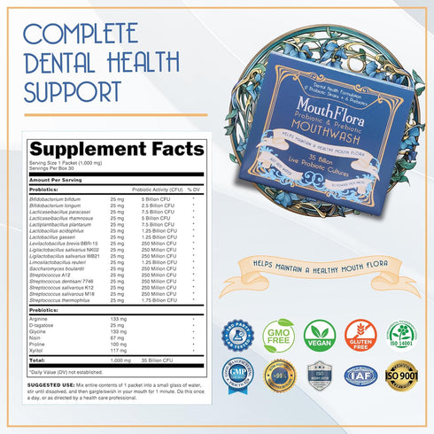 Probiotic & Prebiotic Mouthwash | Dental Health Formulation | 17 Probiotic Strains + 6 Prebiotics | 35 Billion CFUs | Concentrated Powder Formulat...