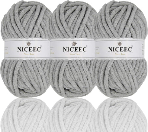 NICEEC 3 Skeins Sparkling Chenille Yarn Soft Blanket Yarn for Crochet & Knitting, Total 165yds/10.6oz - Light Grey...