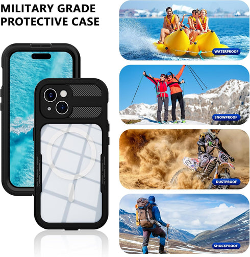 for iPhone 15 5G Waterproof Case,Compatible with Magsafe,Hybrid Rugged Shockproof Full Body Protective,with Lanyard,Clear Lens/Screen Protector Co...