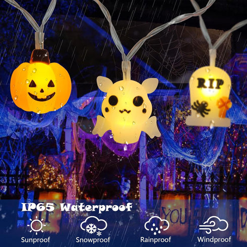 Halloween Lights Outdoor, 15FT Battery Operated Halloween Lights 30 LED 3D Ghost Tombstone Bat Pumpkin String Lights with Timer, 8 Lighting Modes ...