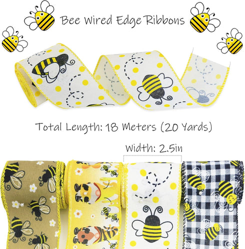 Bee Ribbon Bee Wired Edge Ribbons, Bumble Honey Bee Gnome Dot Yellow Wreath Ribbon Summer Teachers' Day Easter Sewing DIY Craft Bee Fabric Burlap ...