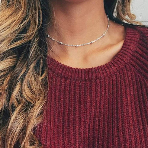 MEVECCO Silver Dainty Bead Plain Chain Choker Necklace,14K Silver Plated Cute Tiny Satellite Chain Minimalist Simple Boho Choker Necklace for Wome...