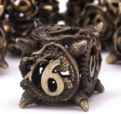 AUSTOR Metal DND Dice Set Dragon DND Hollow Metal Dice 7 Pieces Polyhedral Dice D20 D12 D10 D% D8 D6 D4 Dice with Metal Box for Dungeons & Dragons...